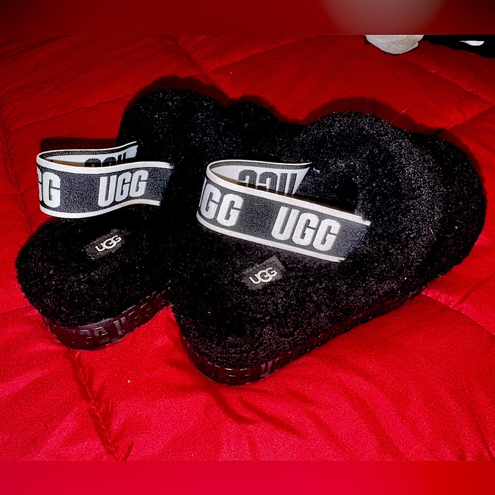 UGG Black Fluffy Slides with Logo Strap